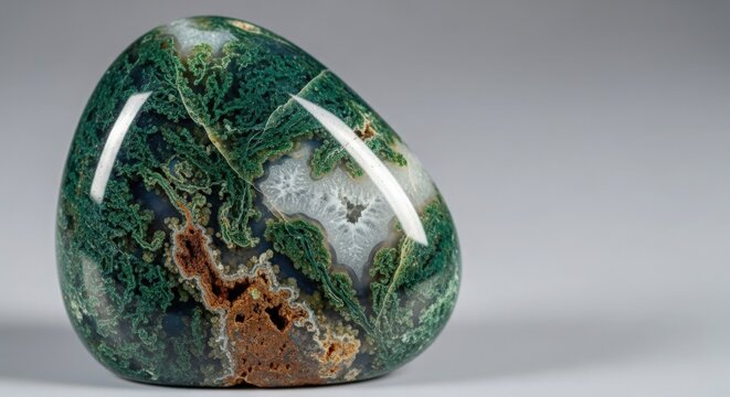 Polished green agate gemstone with intricate patterns and natural textures creating a stunning decorative piece. Unique green agate exhibits vibrant colors and captivating swirls,