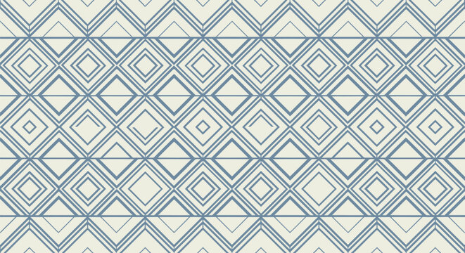 Geometric seamless pattern with blue outlined diamonds and triangles arranged in horizontal rows on a light cream background, offering a stylish aesthetic.