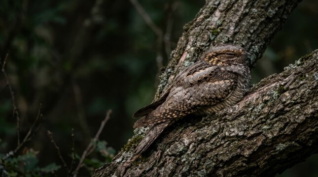 Brown bird resting on tree bark in forest environment, featuring intricate textures and natural camouflage. This owl blends seamlessly within its surroundings,