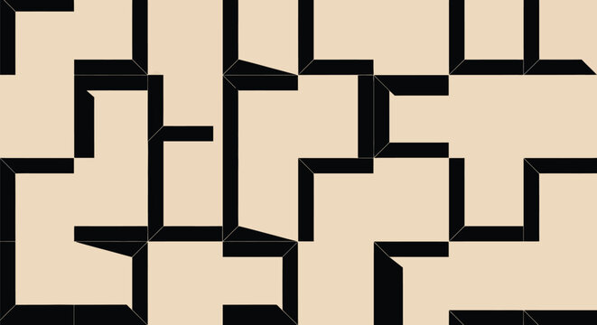 Abstract geometric seamless pattern featuring interlocking L-shaped blocks in cream and black, creating an illusion of depth and a captivating maze-like design.