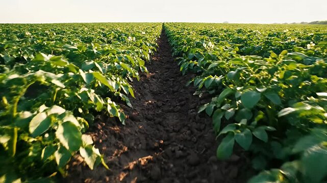 Green potato plants in agricultural field.