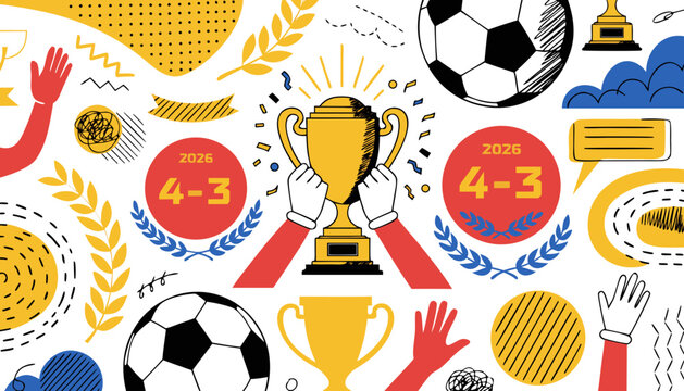 Football halftone collage cut outs set. World cup winner stickers with cheering hands lifting a trophy, soccer ball, laurel, and 2026 score. Modern retro grunge mixed media doodles on white background