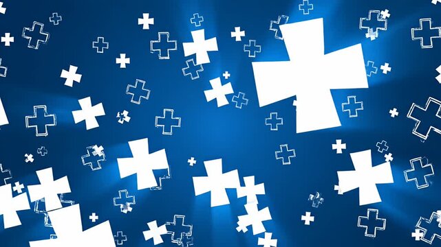 Dynamic white medical crosses on blue light background.