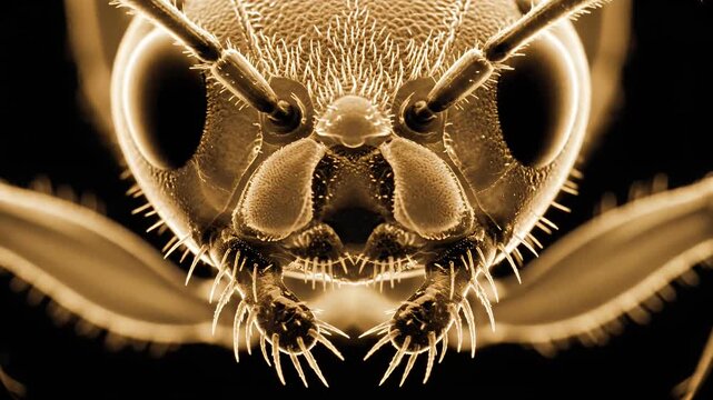 Extreme golden macro close-up of an ant's head.