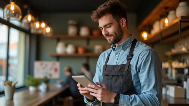 Young male barista in apron using digital tablet, standing in stylish modern cafe. Warm interior with wooden shelves, jars, and cozy lighting in background. Working in restaurant or coffee shop.