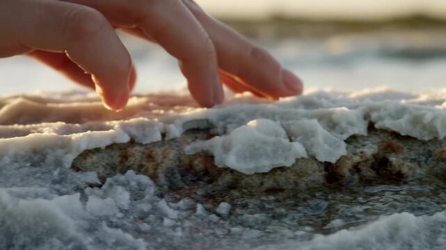 Fingers brushing snow on rocky shore