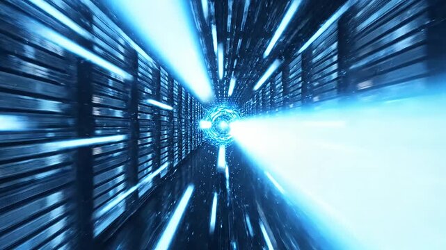 Fast motion blue light streaks in digital tunnel.