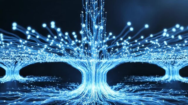 Fiber optic cable bundle emitting blue light.