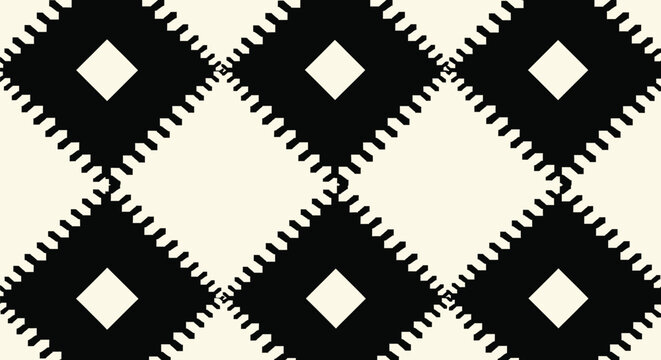 Seamless geometric decorative pattern featuring bold black diamond shapes with intricate jagged edges isolated on neutral cream white background textile.