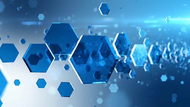 Floating blue transparent hexagonal glass shapes.