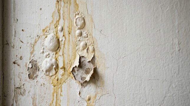 Water damage on white concrete wall with peeling paint and bubbling