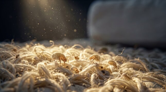 dust mites on fabric surface with floating dust particles in light beam.