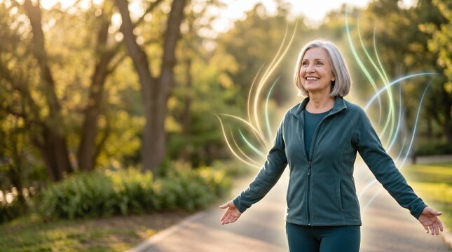 Happy senior woman exercising in park with glowing vitality energy waves active longevity concept.