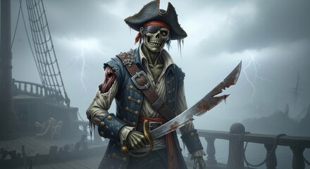 Naklejka premium Pirate standing on wooden ship deck in stormy weather dramatic lighting