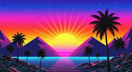 Fototapeta premium Tropical Sunset with Palm Trees Silhouettes and Ocean Reflection at Dusk