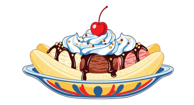 Classic banana split sundae with whipped cream and a cherry