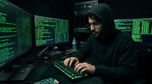 Intense Programmer in Dark Room Typing on Green Backlit Keyboard