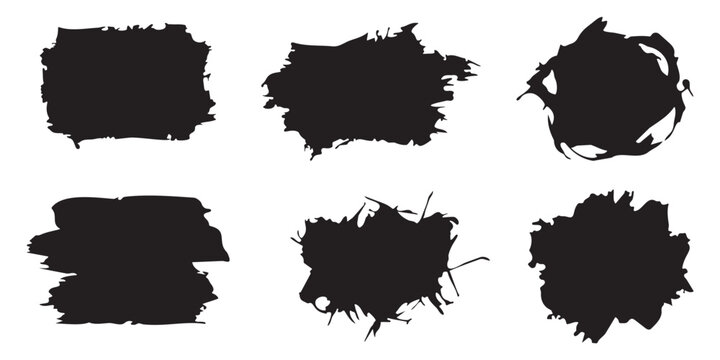 Black grunge brush stroke set. Rough ink paint circles and thick censorship blocks. Vector texture label pack.