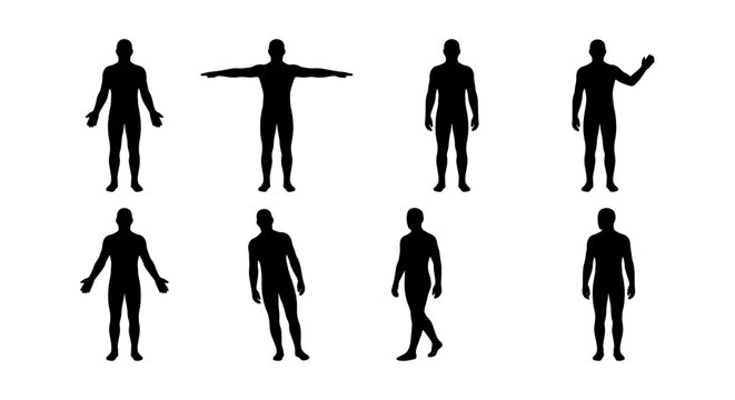 Human Silhouette Collection, Diverse Poses Vector Set: Standing, Waving, Walking, T-Pose, Isolated Figures, Black and White Icons for Business and Design