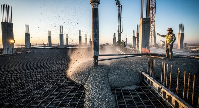 Constructing Skyscrapers With Concrete Pumping In Warm Sunset Light
