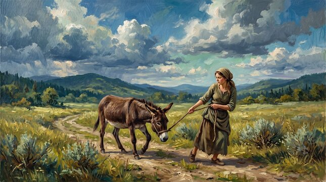 A peasant woman leads a brown donkey by a rope along a dirt path. Set against rolling hills and a dramatic sky, this oil painting conveys rural perseverance and a weary journey.