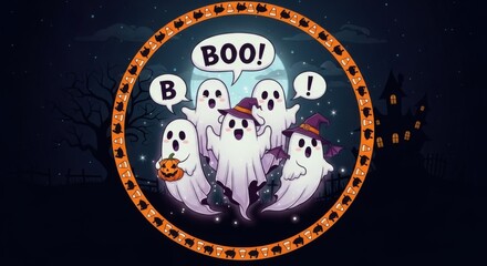 Fototapeta premium Halloween ghost circle howling spooky dark background with boo text and glowing eyes
