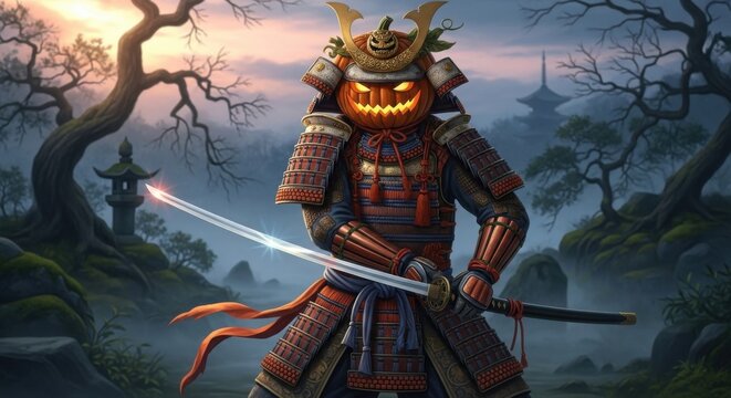 Samurai warrior standing with sword in misty forest at dusk, dramatic fantasy battle scene