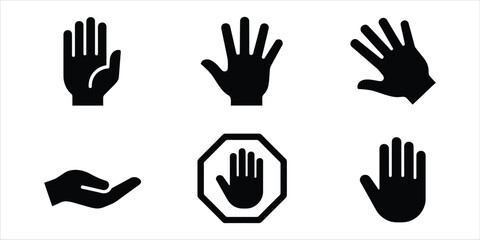 Obraz premium Black silhouette icons of hands showing stop gesture and open palm hand icon stop hand