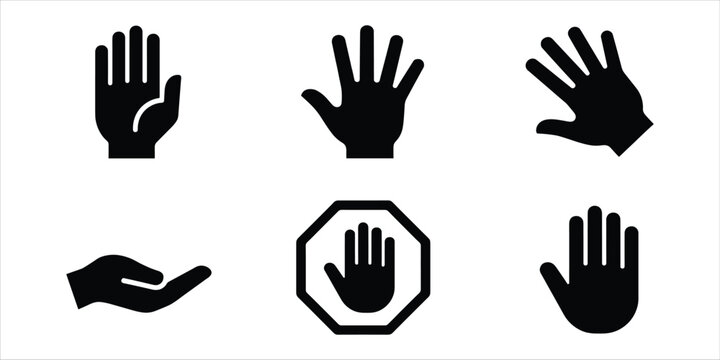 Black silhouette icons of hands showing stop gesture and open palm hand icon stop hand