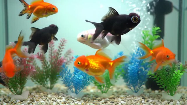 A medium video captures vibrant goldfish (orange fantail, black moor, white oranda, koi ryukin) gliding in a crystal-clear aquarium with colorful red, green, blue, orange plants and light gravel.