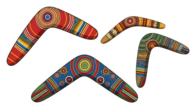 Traditional boomerangs with colorful ethnic dot patterns