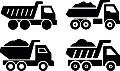 Four black dump trucks with different load styles isolated icon set © Raton