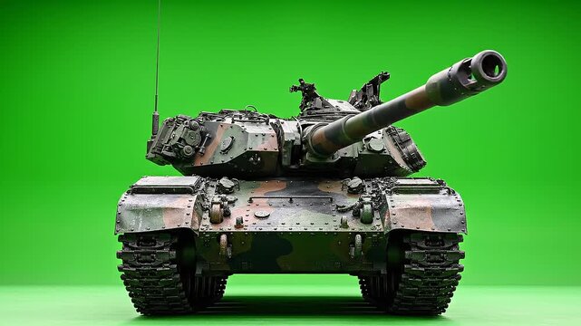 Front View Heavy Battle Tank with Rotating Turret on Green Screen