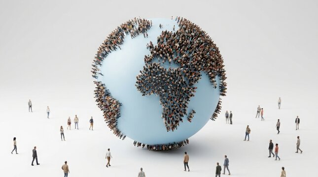 People standing on globe isolated on white background