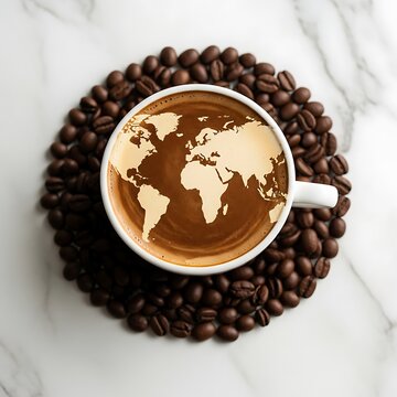 Coffee cup with world map design on surface surrounded by coffee beans on marble countertop