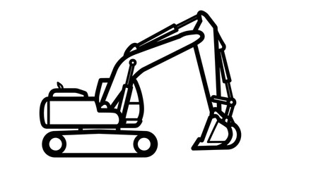 Black and white illustration of a hydraulic excavator with a long arm and bucket facing right on a plain background. © design
