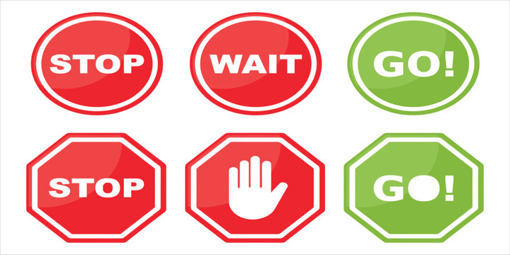 Red and green stop wait go traffic signs in circular and octagonal shapes stop sign go sign