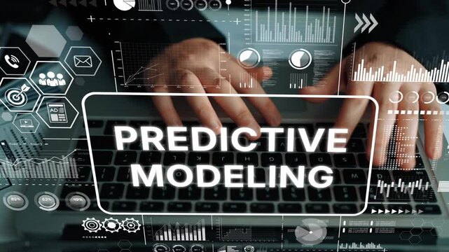 Modern Technology in Predictive Modeling with Hands on Laptop Surrounded by Data Visualizations and Graphical Elements. Asymptotic smart data analytic.