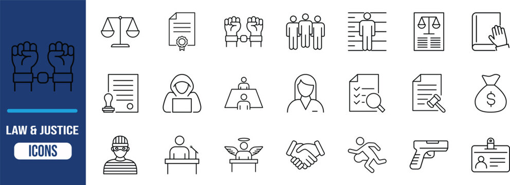 Law and justice outline icons. scales icon set, handcuffs icon set, gavel icon set