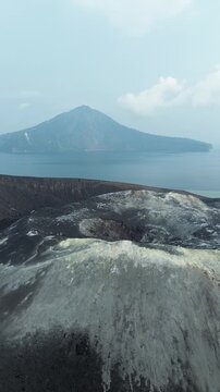 Aerial Over Steaming Crater Rim Of Anak Krakatau Volcano