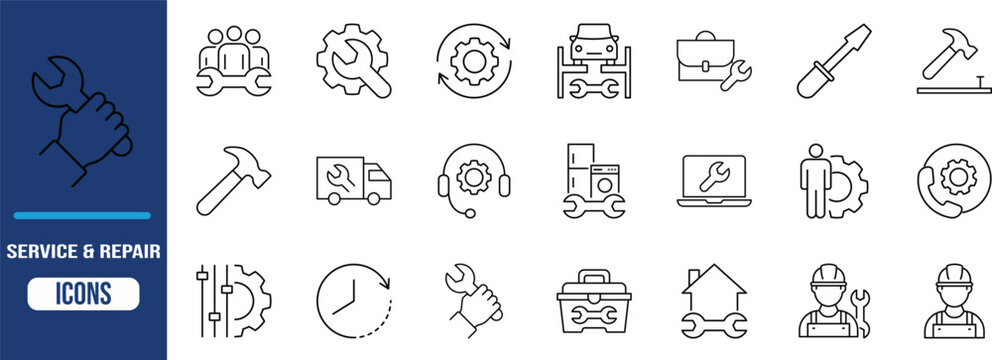 Service repair and maintenance vector icons. wrench icon set, gear icon set, hammer icon set