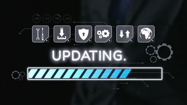 Digital progress bar illustrating an updating process against a dark background, complemented by various technology-related icons, perfect for software or system upgrade visuals. Qubit