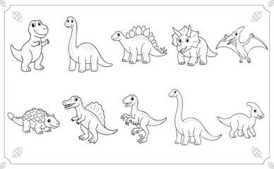 Dinosaur collection for kids coloring book featuring cute cartoon prehistoric animals like rex triceratops pterodactyl. © Zahangir