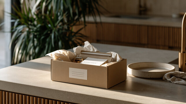Flat-lay of a subscription box opened on a kitchen island, blank kraft packaging with a peel-off label template, tissue paper and product inserts arranged neatly inside,