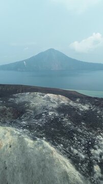 Aerial Of Anak Krakatau Volcanic Crater Slope And Island View