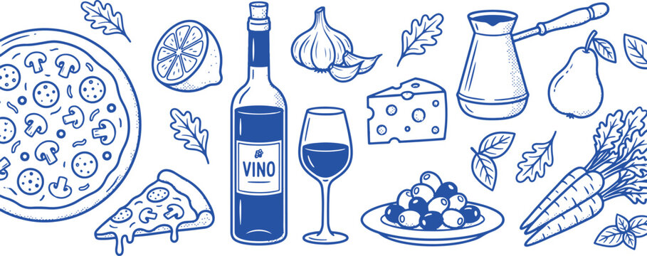 Colorful food and drink illustration with wine, pizza, cheese