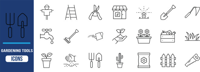 Outline gardening tools and plants vector. shovel icon set, plant icon set, pruners icon set © Ayub