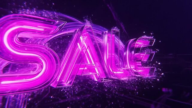 Bright purple SALE typography in luminous style on dark backdrop, concept of discount promotion marketing idea