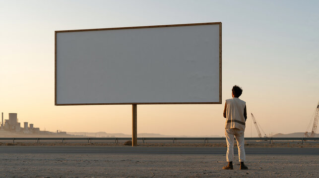 billboard outdoor mockup in desert highway setting, golden hour backlight turning dust golden, single male figure in work vest studying scale of display, summer heat haze