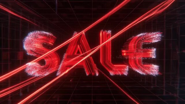 Red glowing SALE typography in a dynamic futuristic style on dark grid background, concept of discount promotion